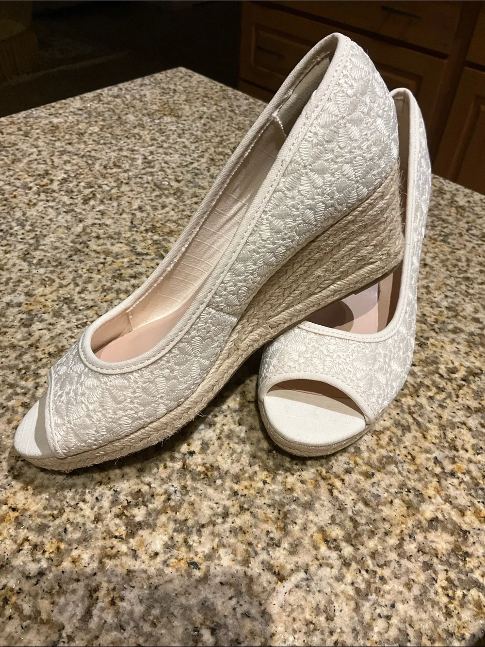Bandolino Cream Embroidered Peep-Toe Espadrille Wedge